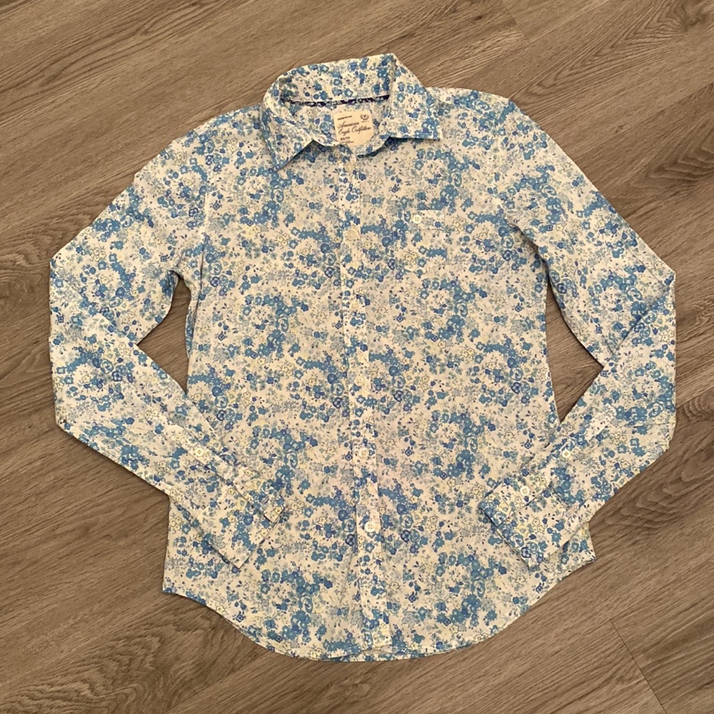 American Eagle Outfitters Women Blue Long Sleeve Button-Down Shirt Size XS